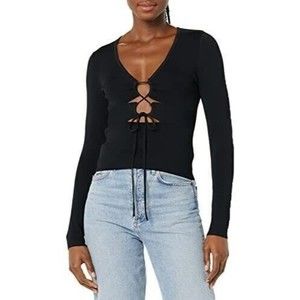 ASTR the label Women's Nella Top Black Medium tie front cut outs long sleeve
